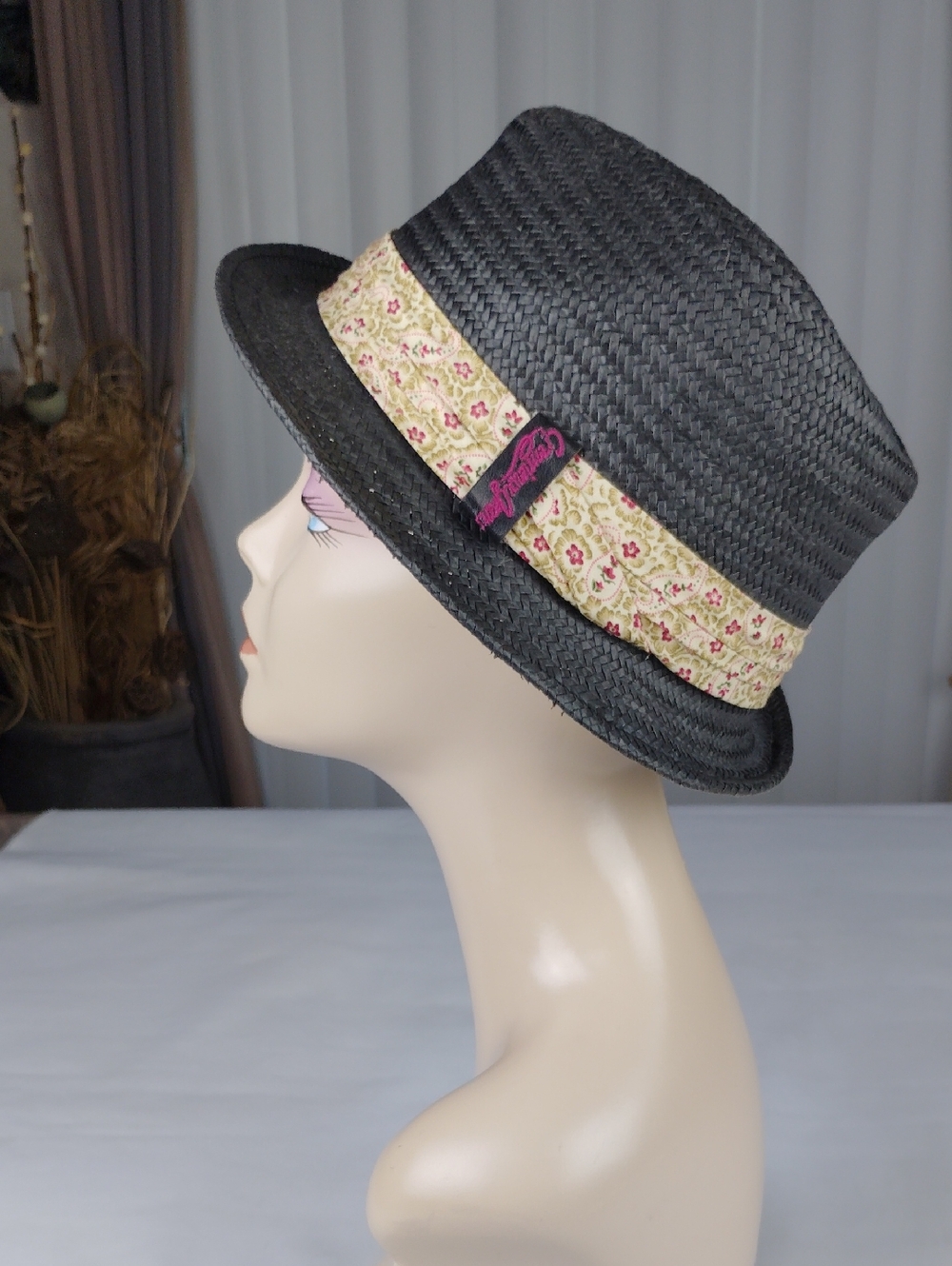 Cremieux Black Straw Fedora with Floral Band.
